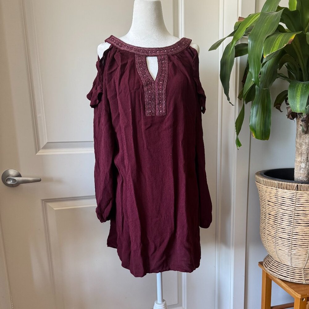 Knox Rose Boho Open Shoulder Embroidered Dress | Burgundy Gauze Tunic L